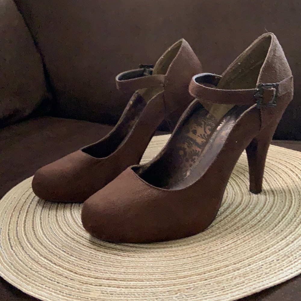Brown Suede Buckled Heels